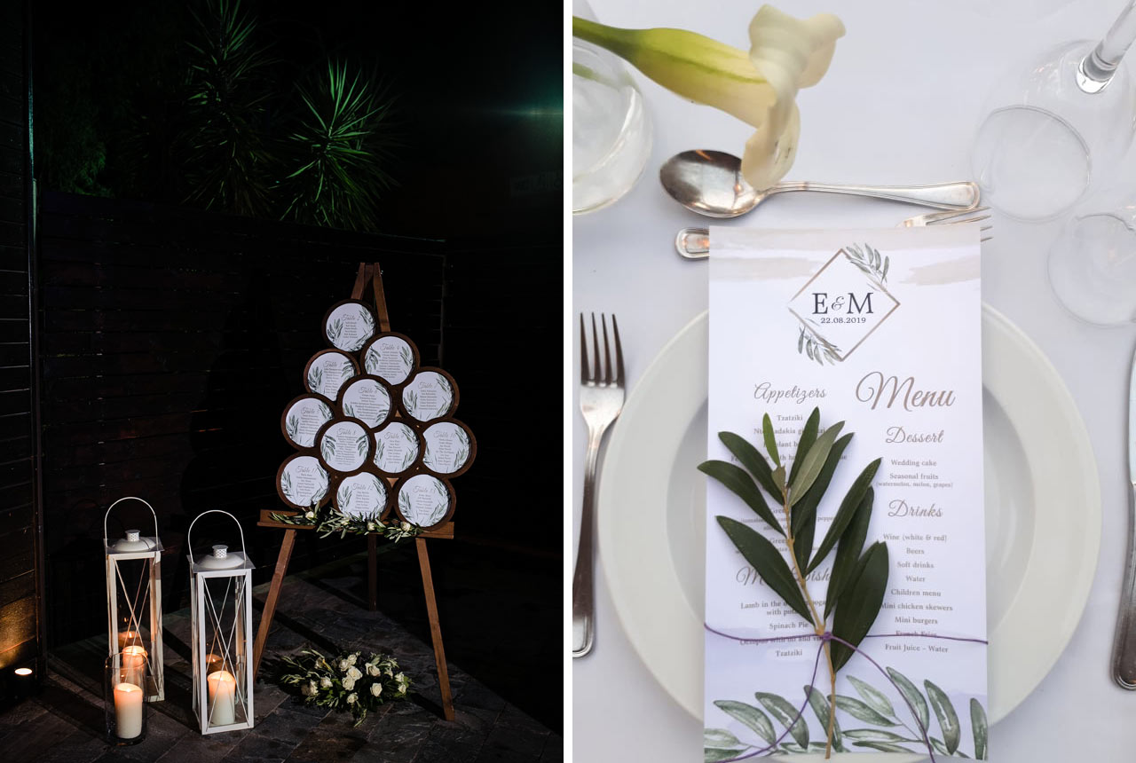 wedding decoration, seating plan, menu, olive details